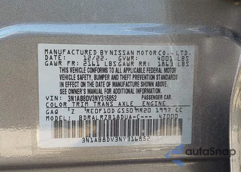 2022 Nissan Sentra Sr Xtronic Cvt из США, поврежденный, VIN 3N1AB8DV3NY316852